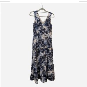 Blue and White Leaf Print Women Dress